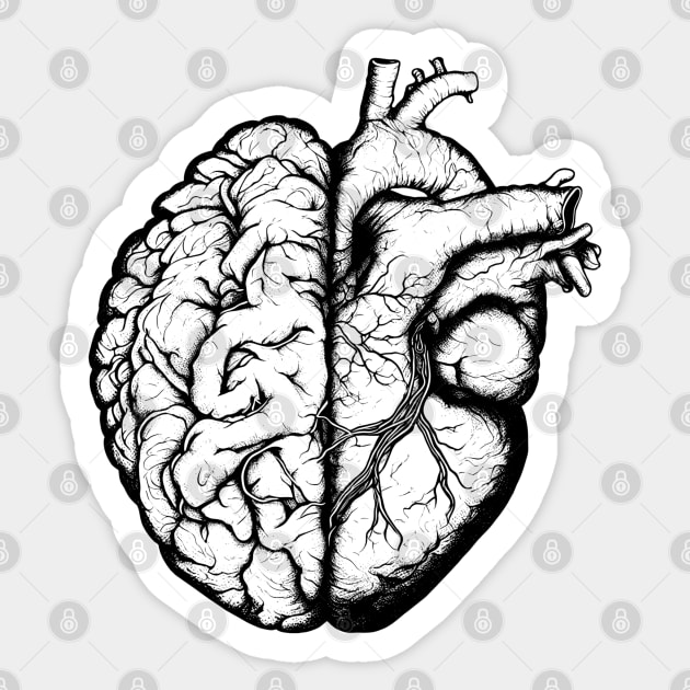 Half brain half heart, brain or heart and feeling, human heart and brain in black Sticker by Collagedream